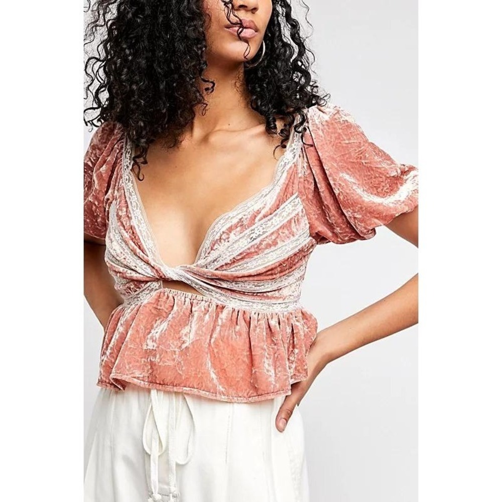 Free People Yours Truly Velvet Puff Sleeve Top Regency Empire Waist Sz S Pink